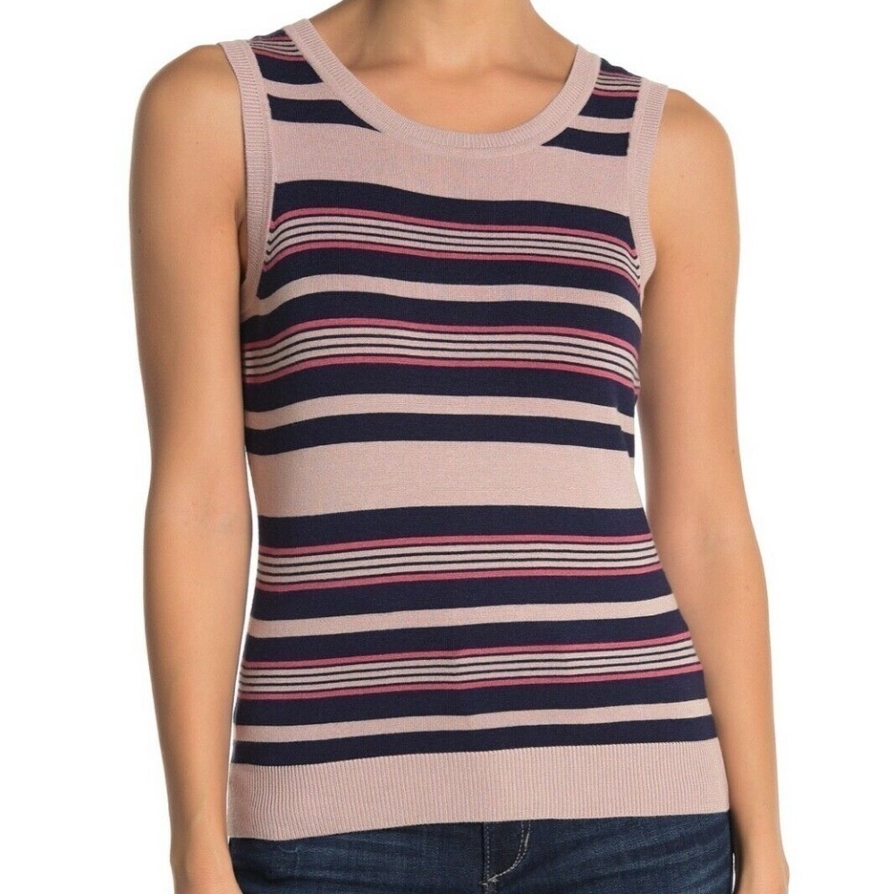 Halogen Top Women Large Petite Stripe Crew Neck Knit Tank Pink‎ Navy NWT